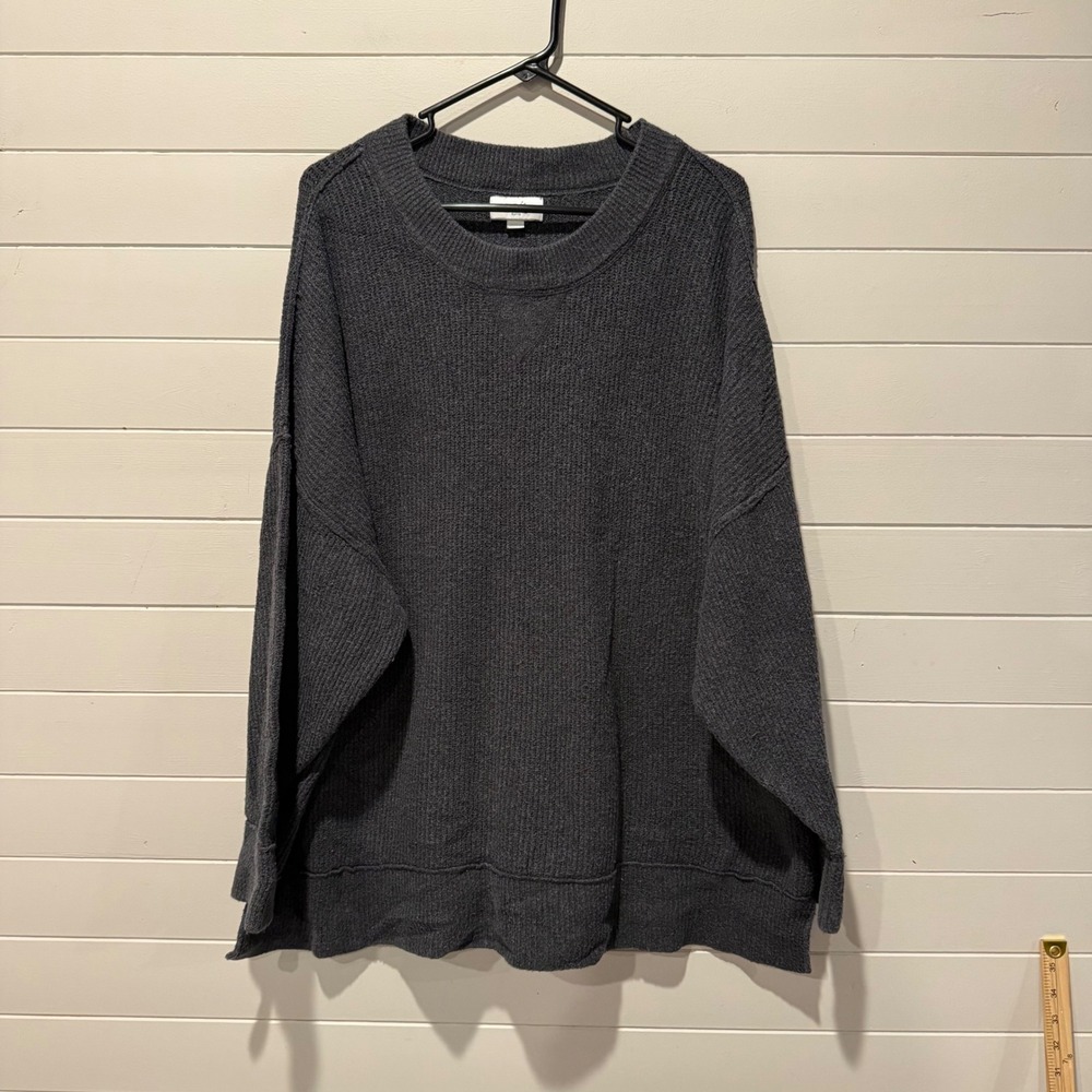 Aerie Oversized Waffle Knit Pullover Sweater Womens XL Charcoal Grey Textured
